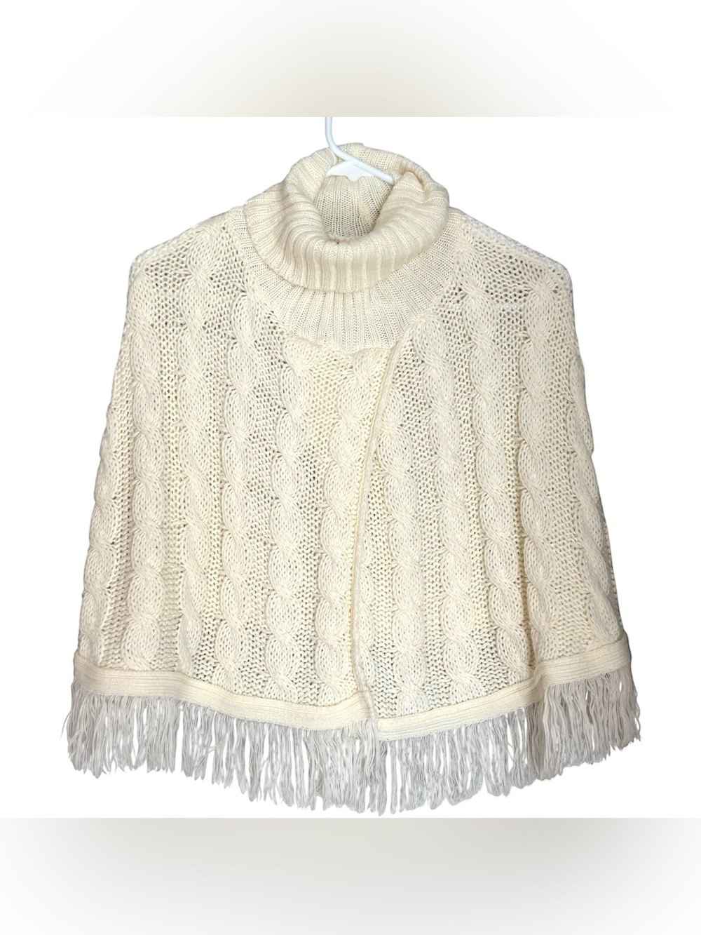 Cozy Cream Cable-knit Turtleneck Poncho Fringe Trim Women’s One Size
